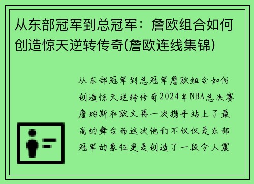 从东部冠军到总冠军：詹欧组合如何创造惊天逆转传奇(詹欧连线集锦)