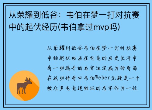 从荣耀到低谷：韦伯在梦一打对抗赛中的起伏经历(韦伯拿过mvp吗)